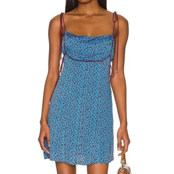 Free People Blue Geometric Print Mini Dress with Tie Straps Summer Party Dress M - Picture 1 of 11